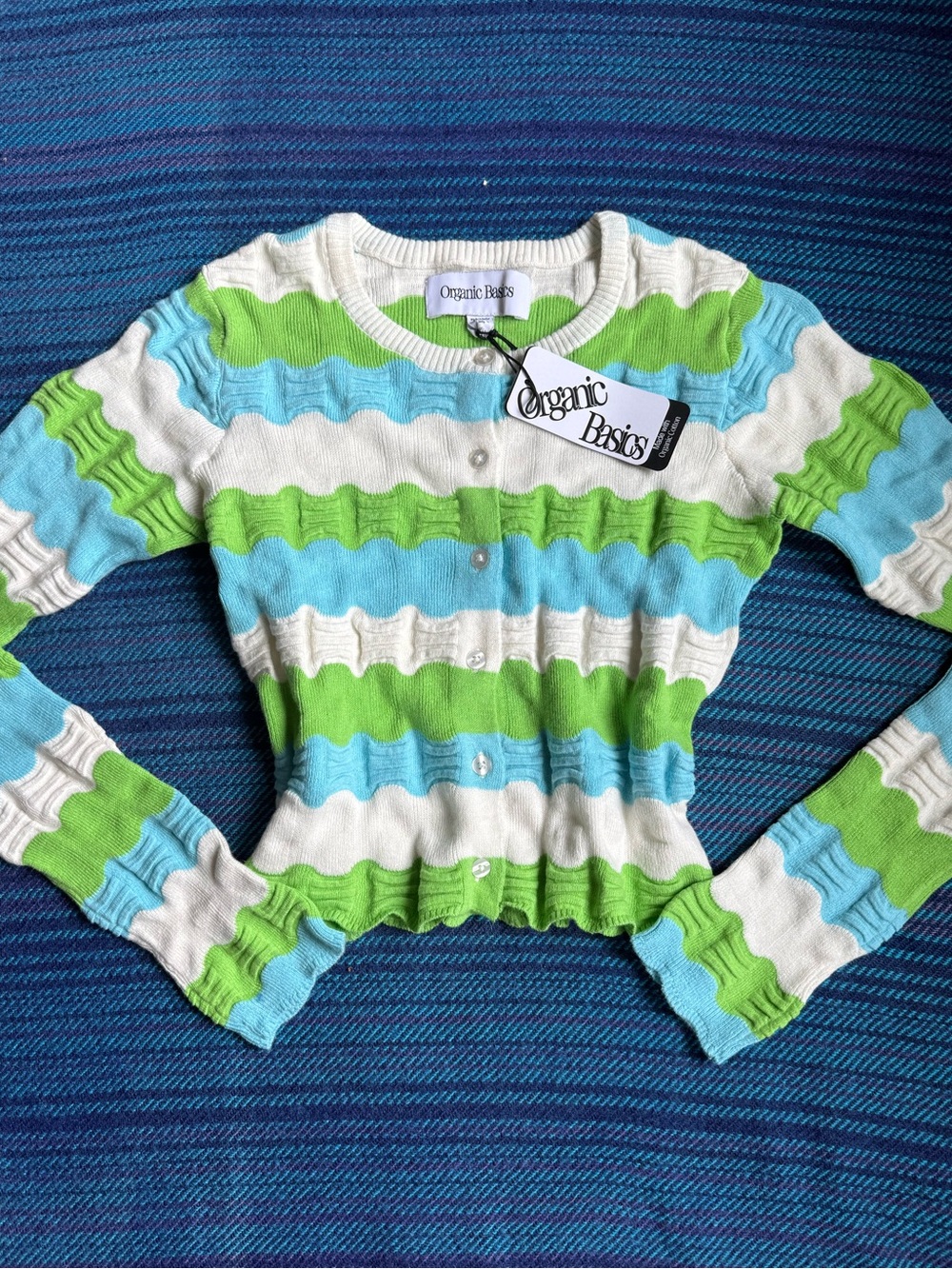 Organic Basics Striped Wave Knit Cardigan — Blue, Green & White